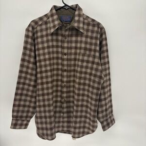 Vintage Pendleton Brown Plaid Wool Button Shirt Point Collar Western Retro Men L